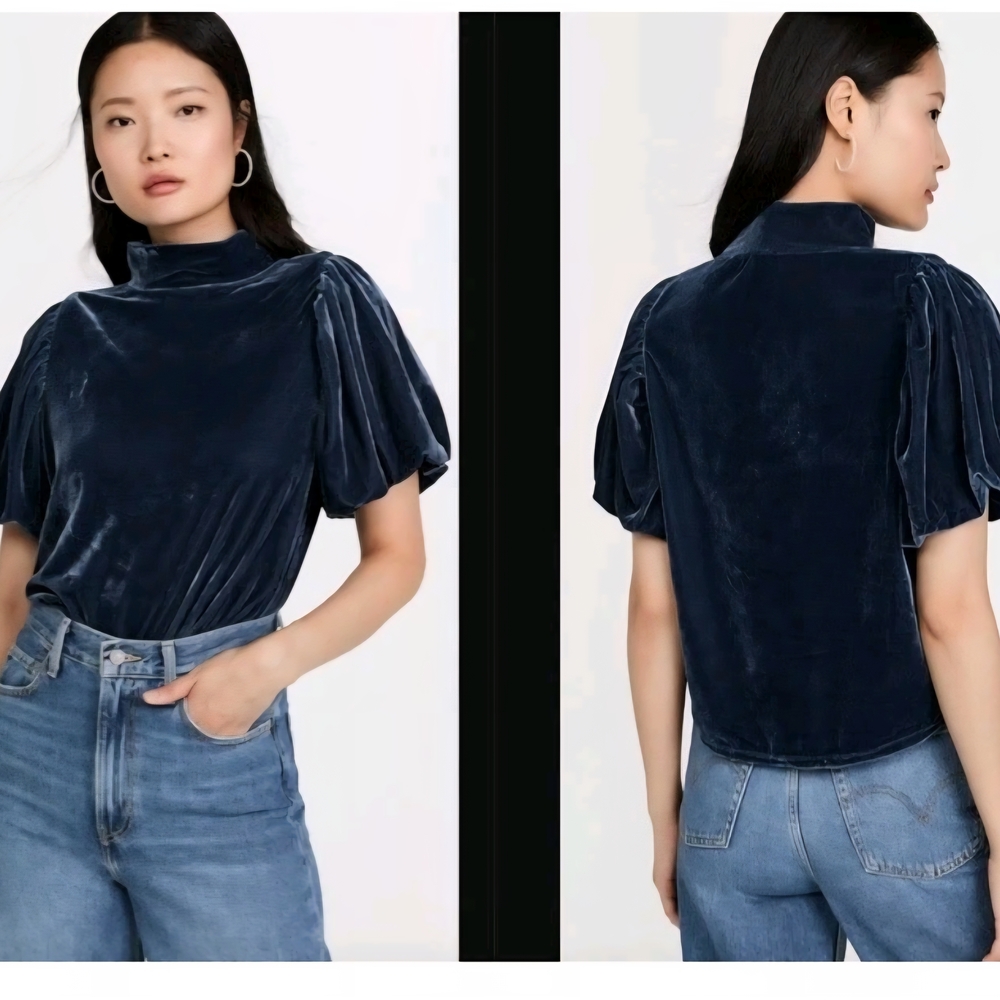 Free People Navy Velvet Blouse